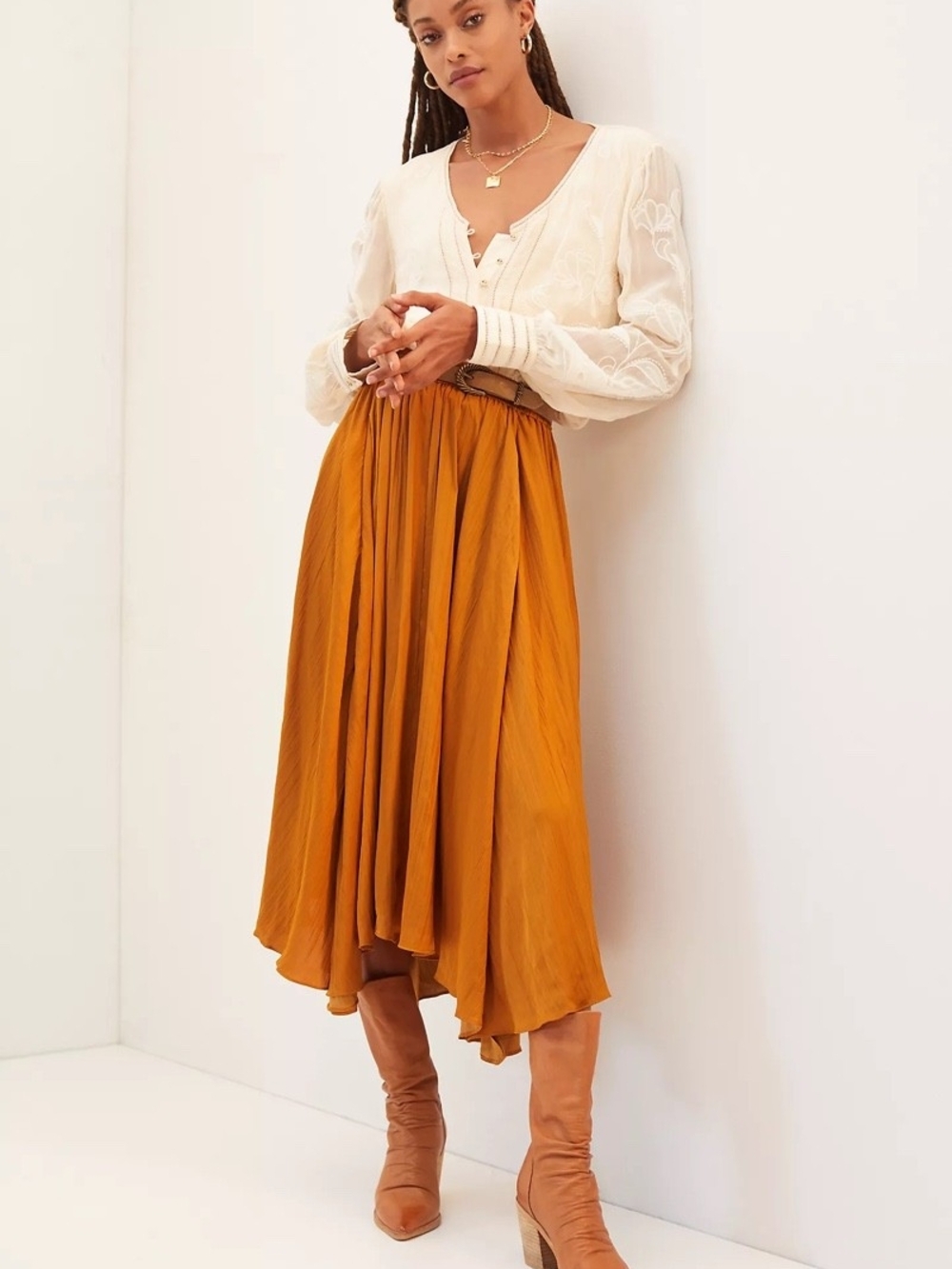 Anthropologie Mustard High-Low Midi Skirt